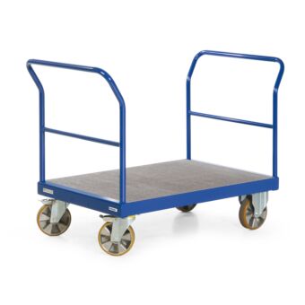 Platformwagen voor zware lasten. Belastbaar tot 2.200 kg. Platformwagen met 1 of 2 duwbeugels, Platformwagen met 1 of 2 kopwanden.