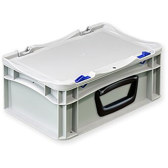 Euronorm kunststof bak met deksel en koffergreep-1 op lange zijde-300-200-135