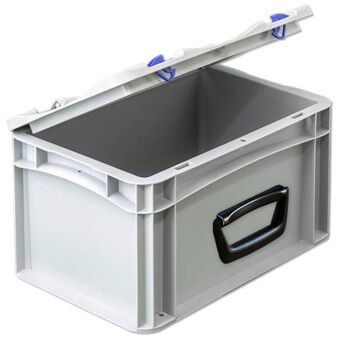 Euronorm kunststof bak met deksel en koffergreep-1 op lange zijde-300-200-185