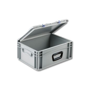 Euronorm kunststof bak met deksel en koffergreep-1 op lange zijde-400-300-185
