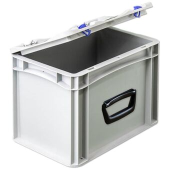 Euronorm kunststof bak met deksel en koffergreep-1 op lange zijde-300-200-235