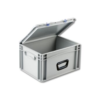 Euronorm kunststof bak met deksel en koffergreep-1 op lange zijde-400-300-235