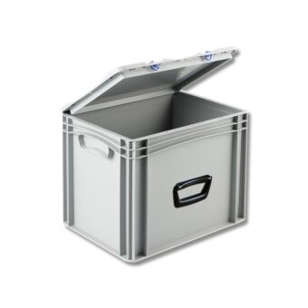 Euronorm kunststof bak met deksel en koffergreep-1 op lange zijde-400-300-335