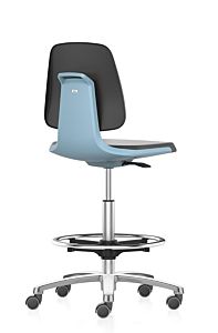 Laboratoriumstoel Labsit-Zit-stop-wielen en voetenring-Blauwe zitschaal
