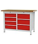 Werkbank met 7 lades, 3 met fronthoogte van 200 mm. en 4 met fronthoogte van 150 mm.