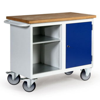 Kleine verrijdbare werkbank met open vak met legbord en kast met deur