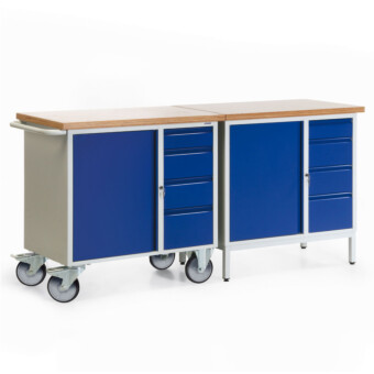 Kleine verrijdbare werkbank met kast en 6 schuifladen