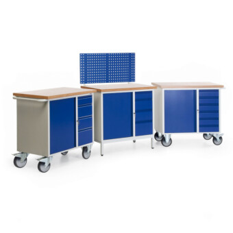 Kleine verrijdbare werkbank met kast en 6 schuifladen